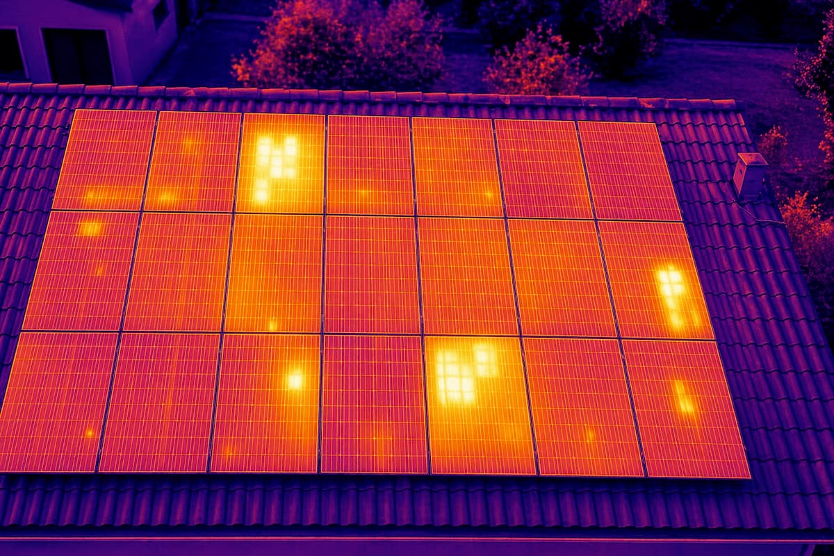 Inspection thermique de panneaux solaires montrant des anomalies de surchauffe